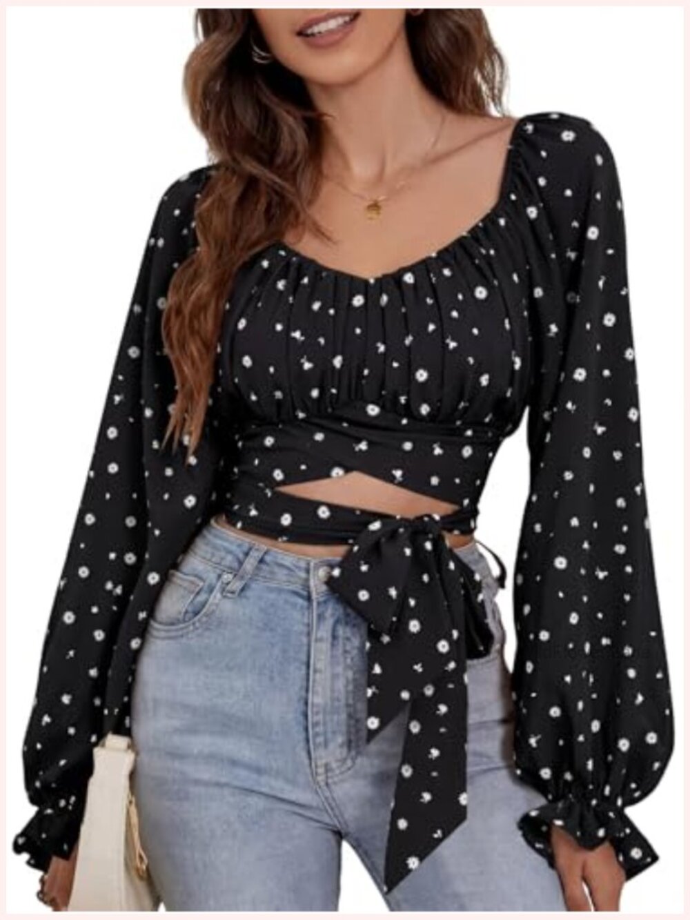 Women's Ruched Wrap Self Tie Crop Top Square Neck Puff Long Sleeve